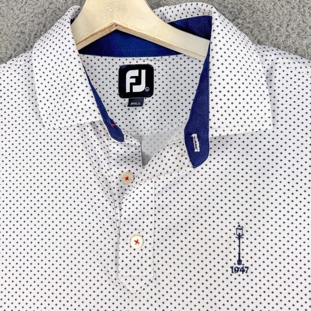 FootJoy Polo Shirt Mens Large White Micro Print‎ 1947 Lamp Post Golf Stretch Top